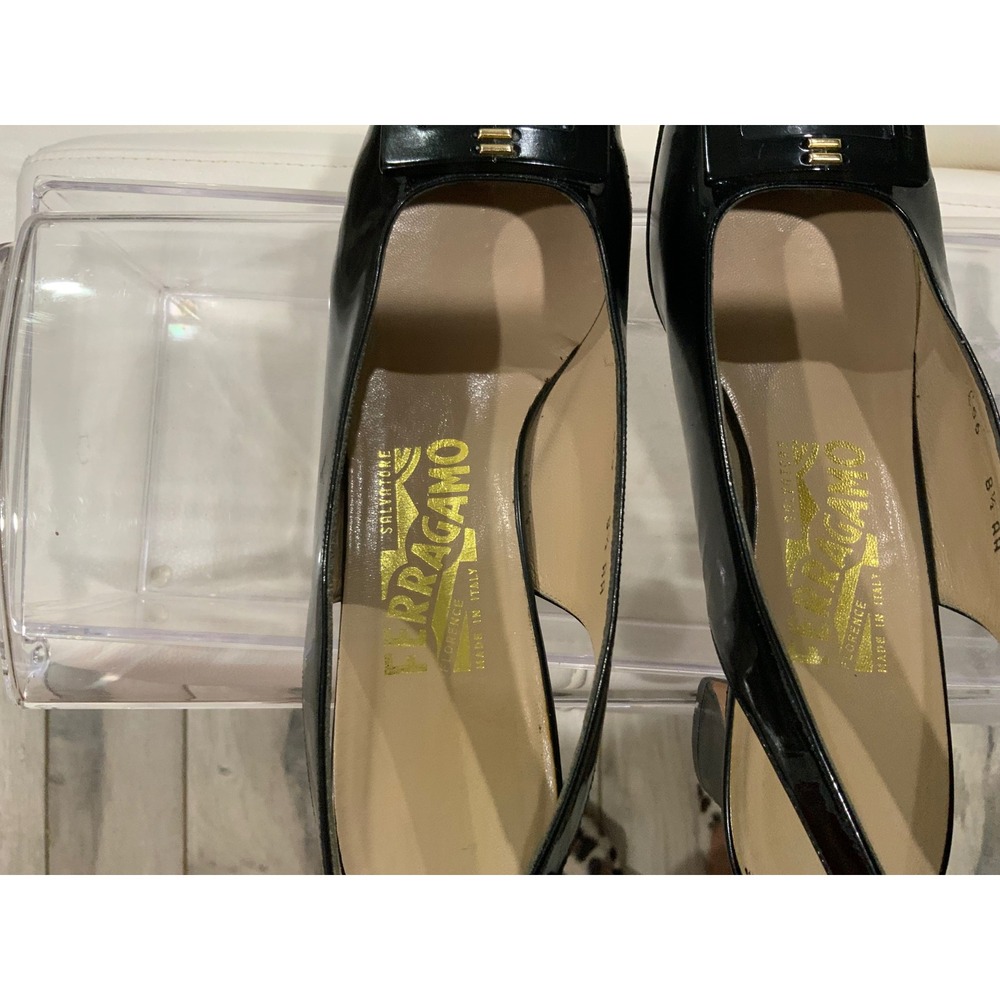 Salvatore Ferragamo Black Patent Leather Slingback Pumps Square Toe E56 8.5 AA - Picture 6 of 11